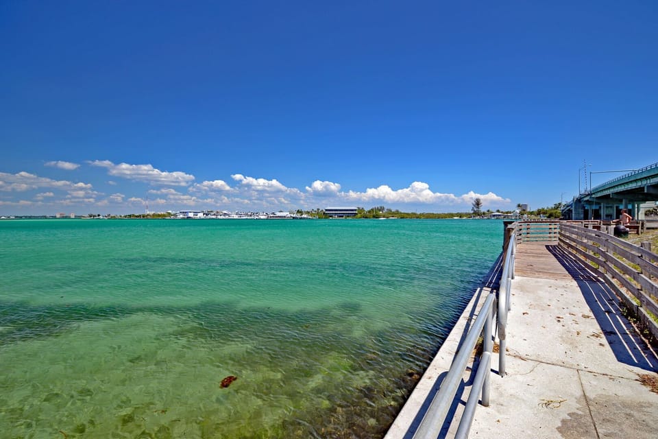 Wooden dock extending over clear shallow water with views to the distant marina and shoreline