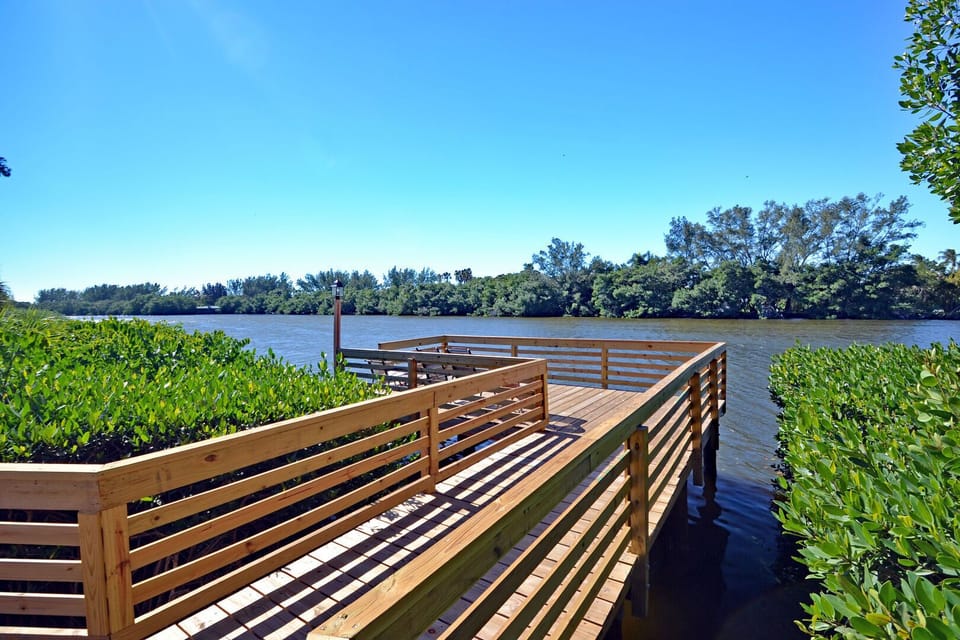 Wooden dock stretching out over the bay lined with dense green vegetation