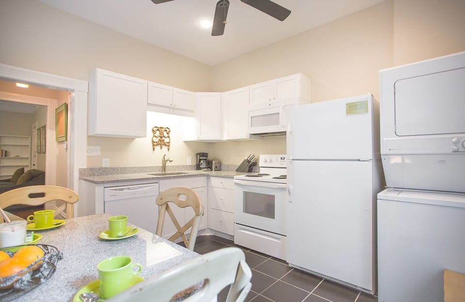 The kitchen is fully equipped with everything you'd need to cook.