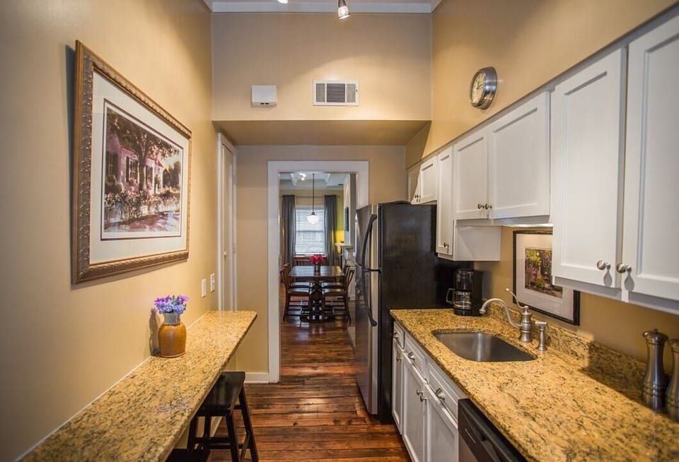 This galley kitchen has a breakfast bar!