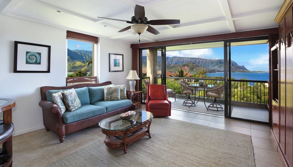 Hanalei Bay Resort #32012 - Ocean & Bali Hai Mountain View Living Room & Lanai - Parrish Kauai
