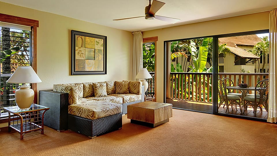 Waikomo Stream Villas #123 - Living Room & Lanai View - Parrish Kauai