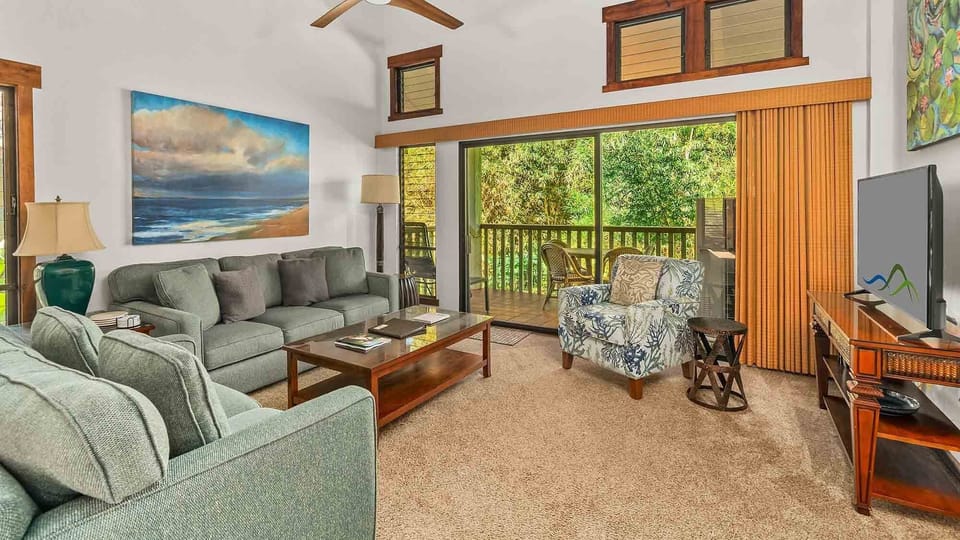 Waikomo Stream Villas #533 - Living Room & Lanai View - Parrish Kauai