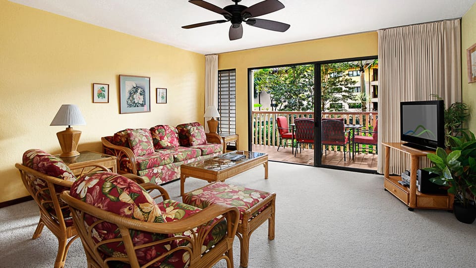 Waikomo Stream Villas #221 - Living Room & Lanai View - Parrish Kauai