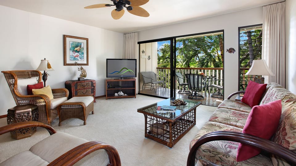 Waikomo Stream Villas #520 - Living Room & Lanai View - Parrish Kauai