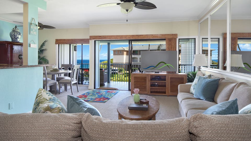 Poipu Sands at Poipu Kai Resort #428 - Ocean View Living Room & Lanai View - Parrish Kauai