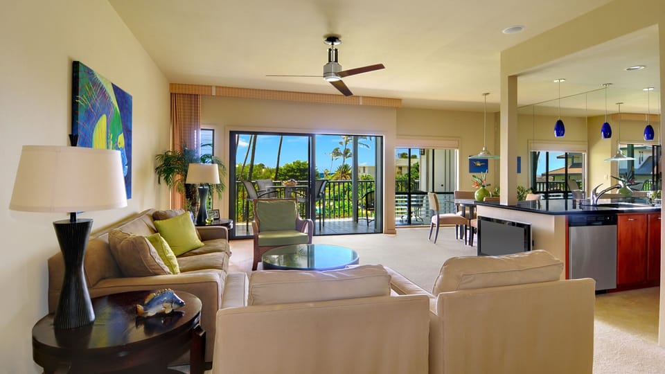 Poipu Sands at Poipu Kai Resort #224 - Living Room & Lanai View - Parrish Kauai