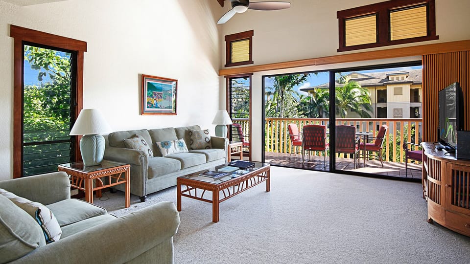Waikomo Stream Villas #233 - Living Room & Lanai View - Parrish Kauai
