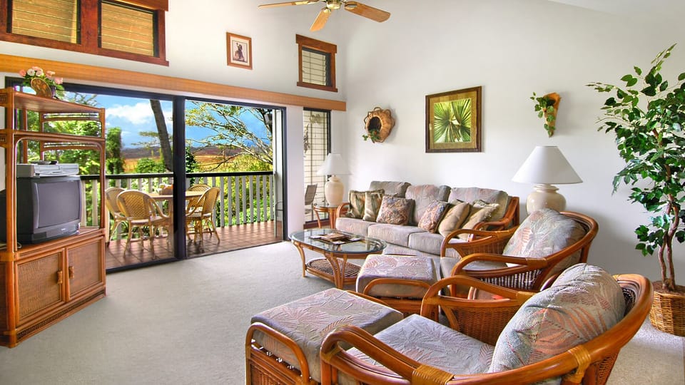 Waikomo Stream Villas #532 - Living Room & Lanai View - Parrish Kauai