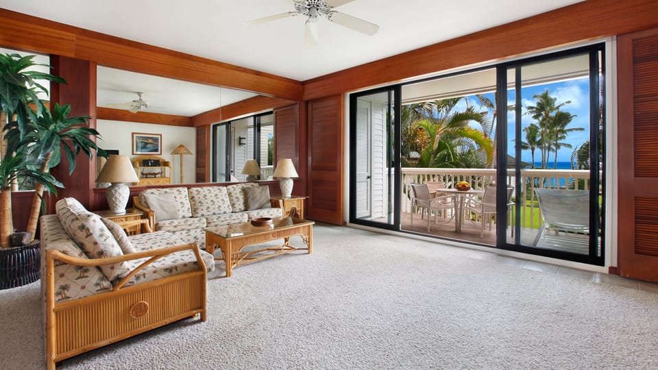 Poipu Kapili Resort #34 - Ocean View Living Room & Lanai View - Parrish Kauai