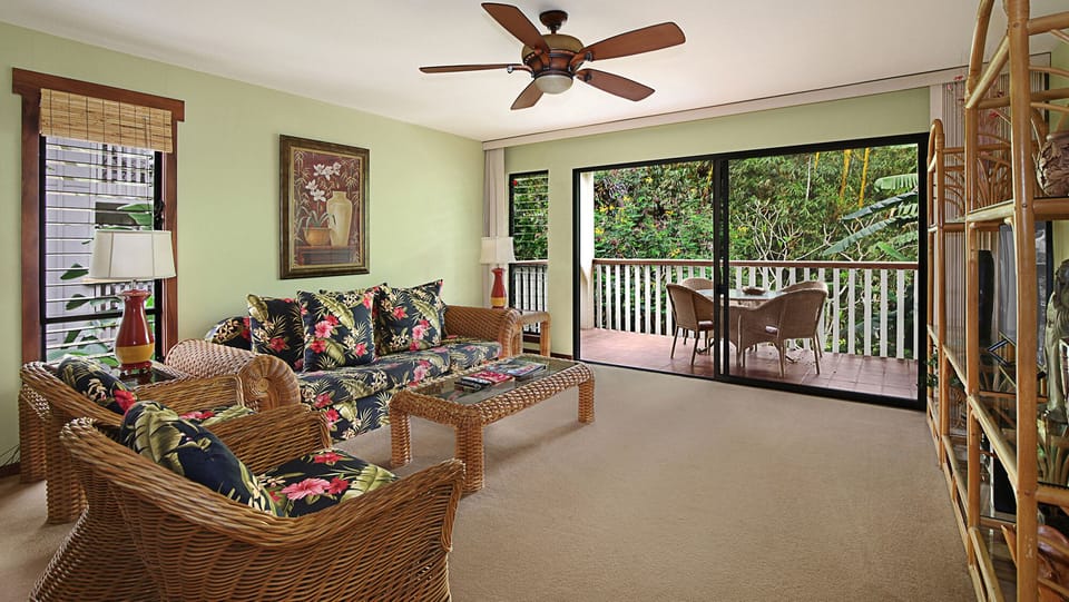Waikomo Stream Villas #523 - Living Room & Lanai View - Parrish Kauai