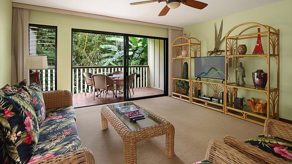 Waikomo Stream Villas #523 - Living Room & Lanai - Parrish Kauai