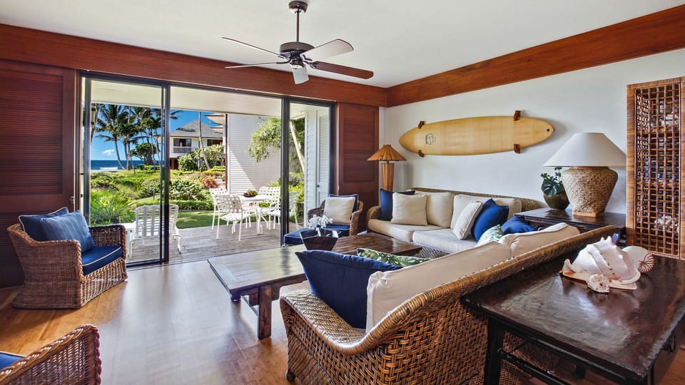 Poipu Kapili Resort #21 - Ocean View Living Room & Lanai View - Parrish Kauai