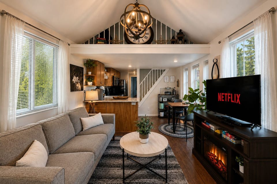 Curl up on the cozy sectional with your favorite show, warmed by the glowing fireplace. Natural light pours through large windows, while the open kitchen and lofted ceilings make you feel right at home.