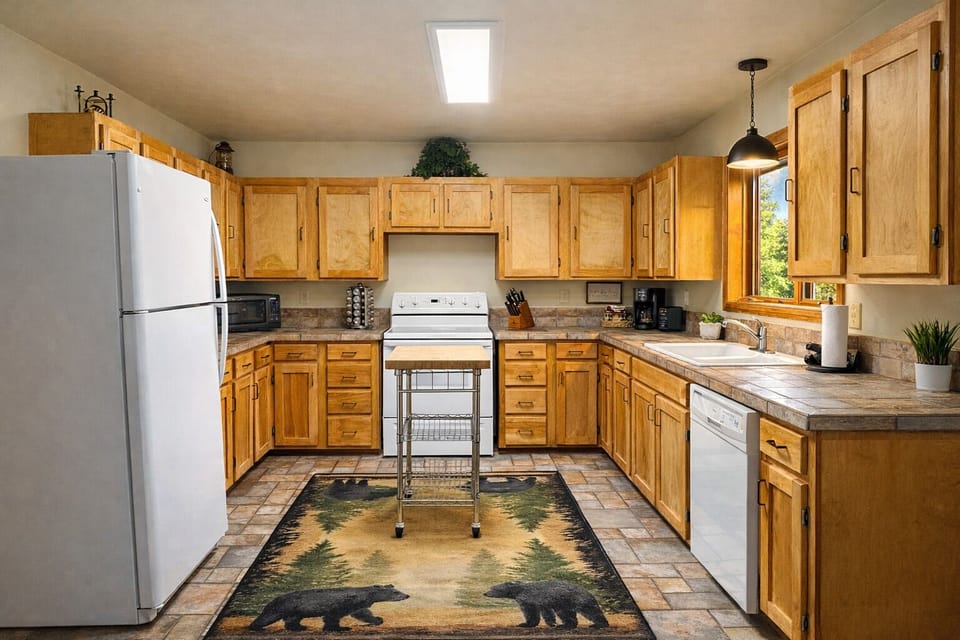 You'll love cooking in this spacious kitchen with warm wood cabinets, full appliances, and charming rustic touches that make meal prep a joy.