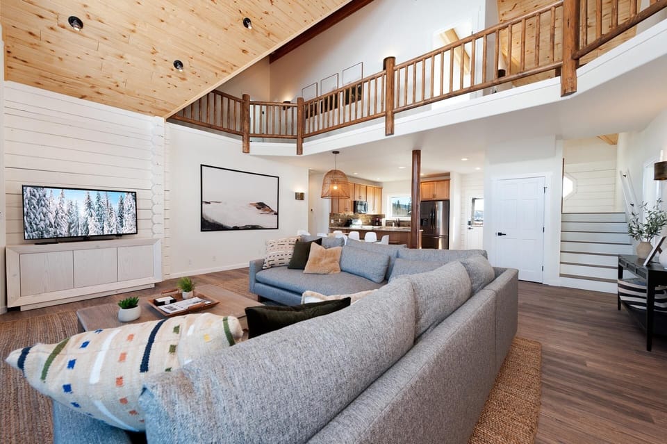 Main Living Space, Dining and Kitchen - Wood Burning fireplace (wood provided) and TV