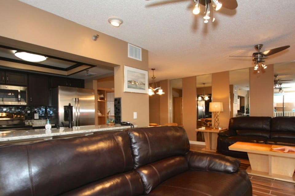 The kitchen opens up to the living room area