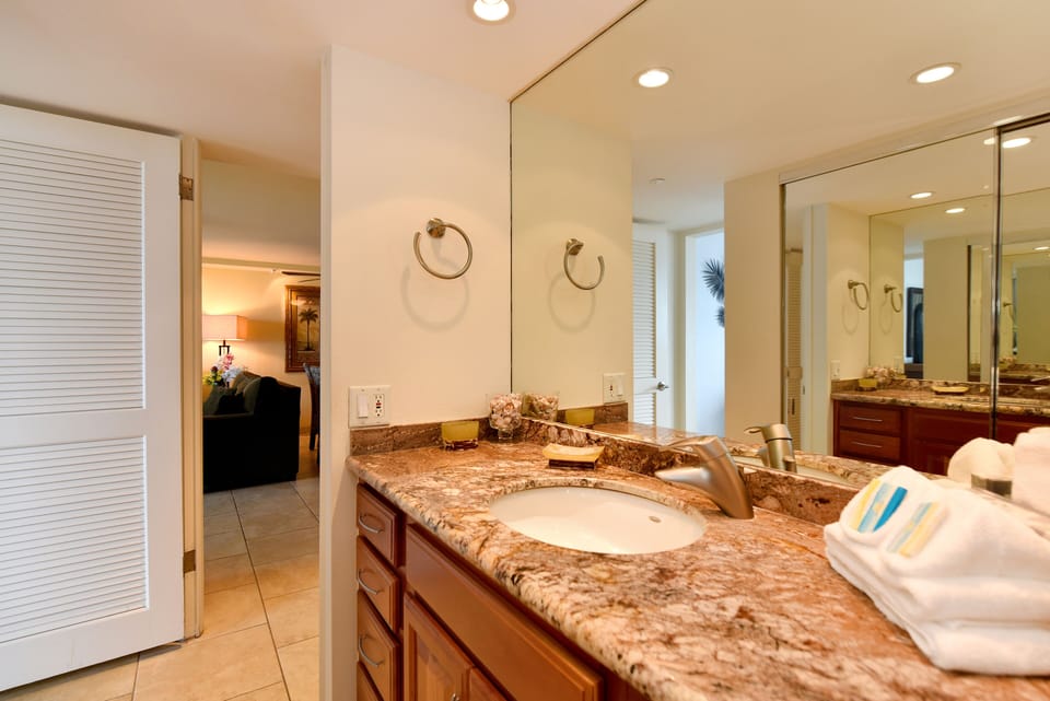 Master bathroom vanity; looking to the living room area just past a privacy door