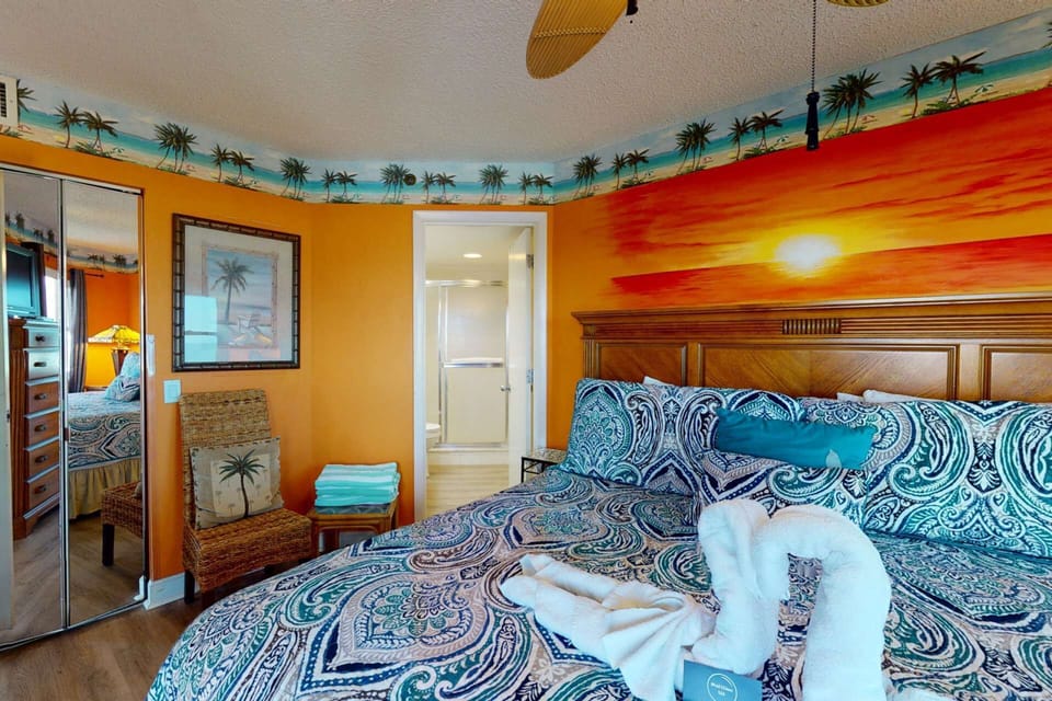 Bath and beach towels provided.  Bathroom connecting to the bedroom.