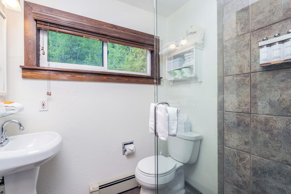 Refresh in your bright, spotless bathroom with a spacious walk-in shower, crisp white fixtures, and a window framing lush greenery outside.