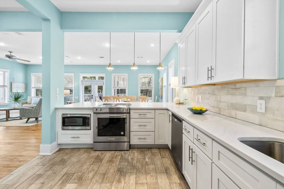 The kitchen is spacious and fully stocked to cook delicious meals on those nights you want to stay in