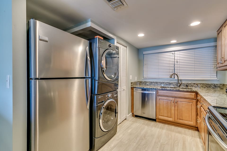 Stainless steel appliances with a stackable washer/dryer