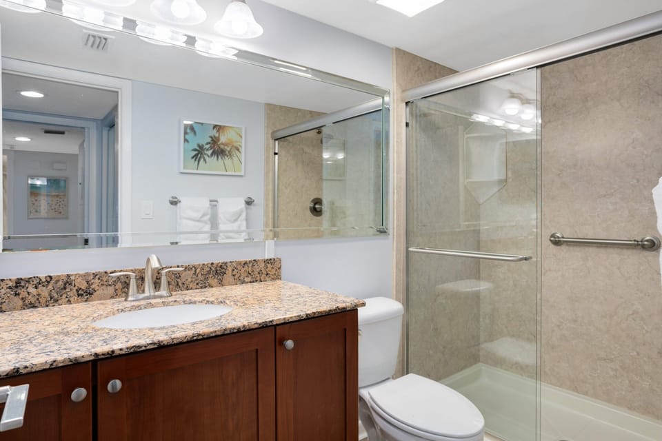 Luxurious bathroom with a granite vanity and a glass-enclosed shower