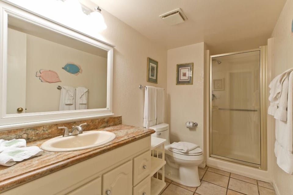Our guest bathroom is a calming corner of paradise. Your guests will find it super convenient to have their own bathroom with walk-in shower.