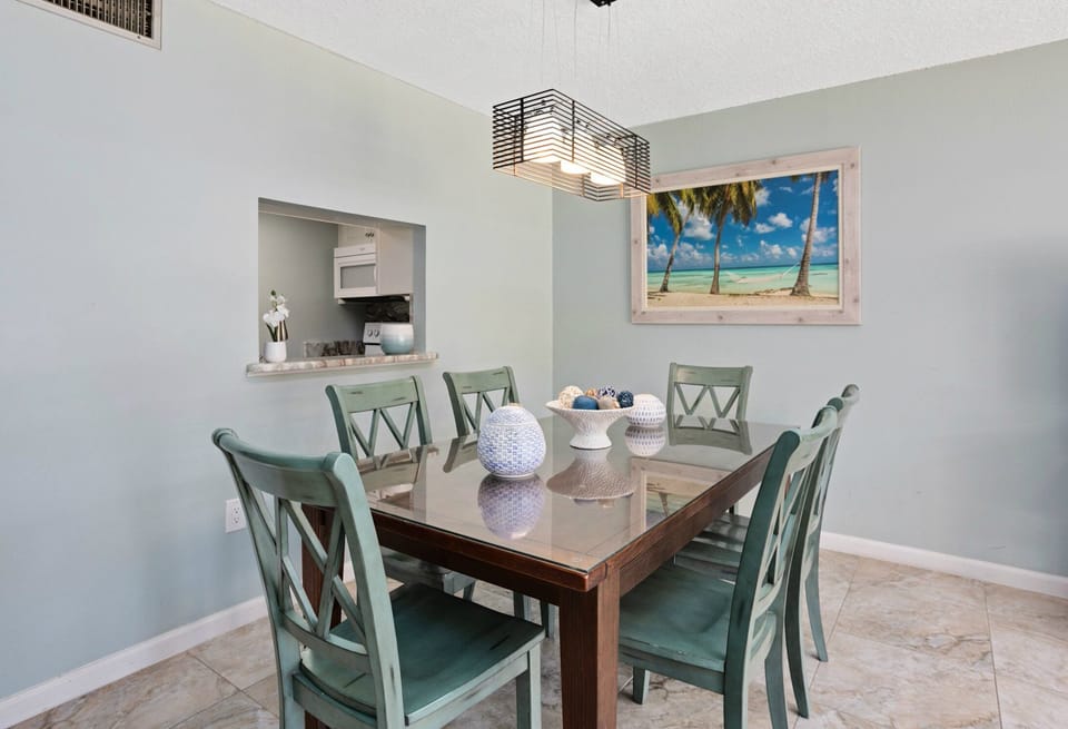 Dining area with a table for six