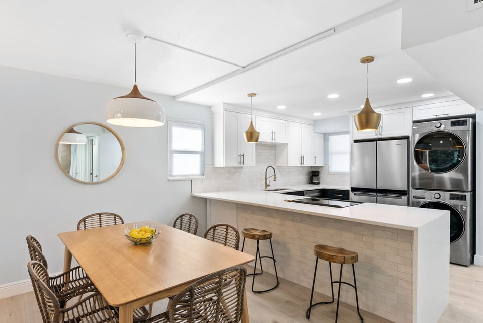 Bright dining area seats six