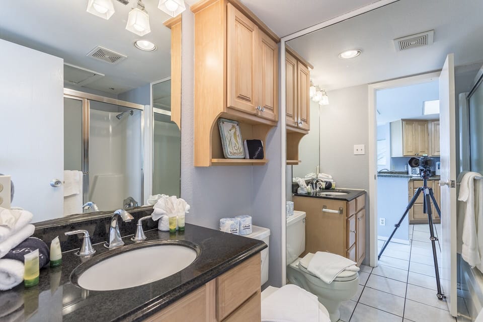 Our full bathroom is just off the kitchen.