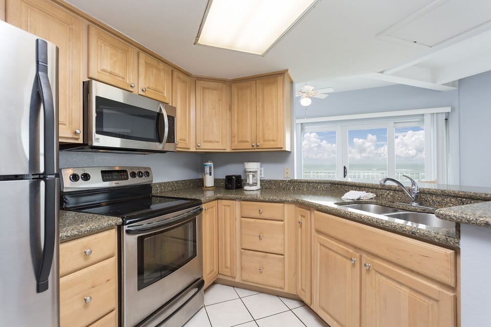 Our beachfront condo has a kitchen with a view.