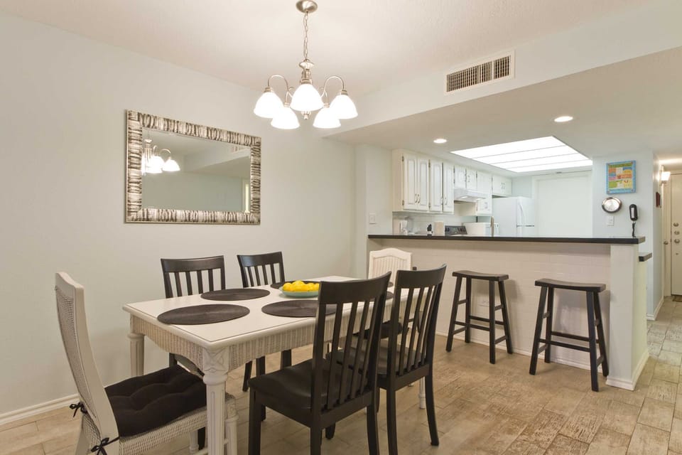 Our dining area seats 6 at the table and a few more at the breakfast bar. Whether you cook at home, order in, or have a game night - we've equipped our space with you and your family in mind!