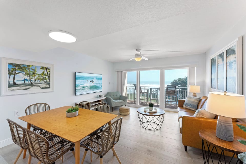 Bright dining area seats six