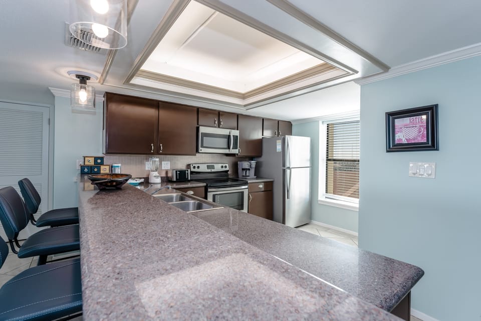 Our counter space is enviable! Come cook up a storm for your crew in our fully equipped kitchen.