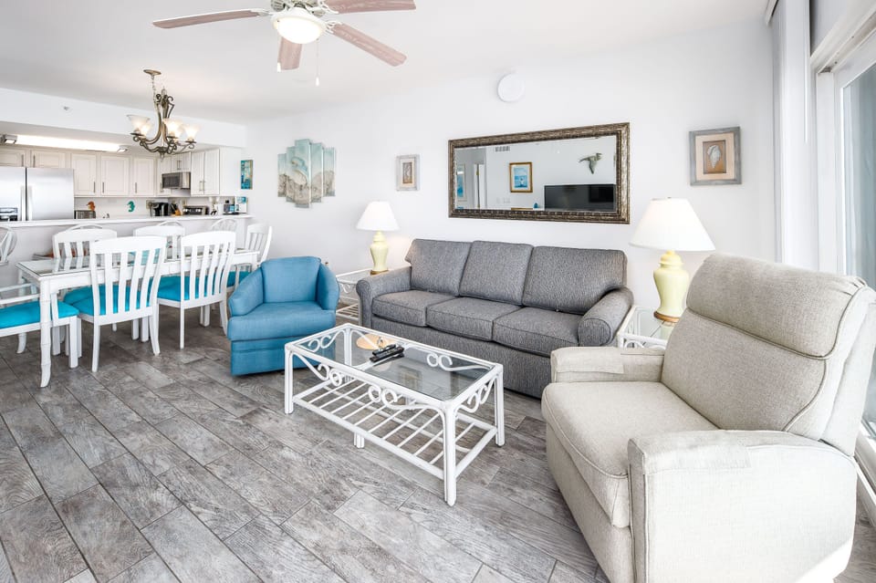 Living Room - The sofa pulls out into a queen-sized sleeper bed, perfect for accommodating two guests.