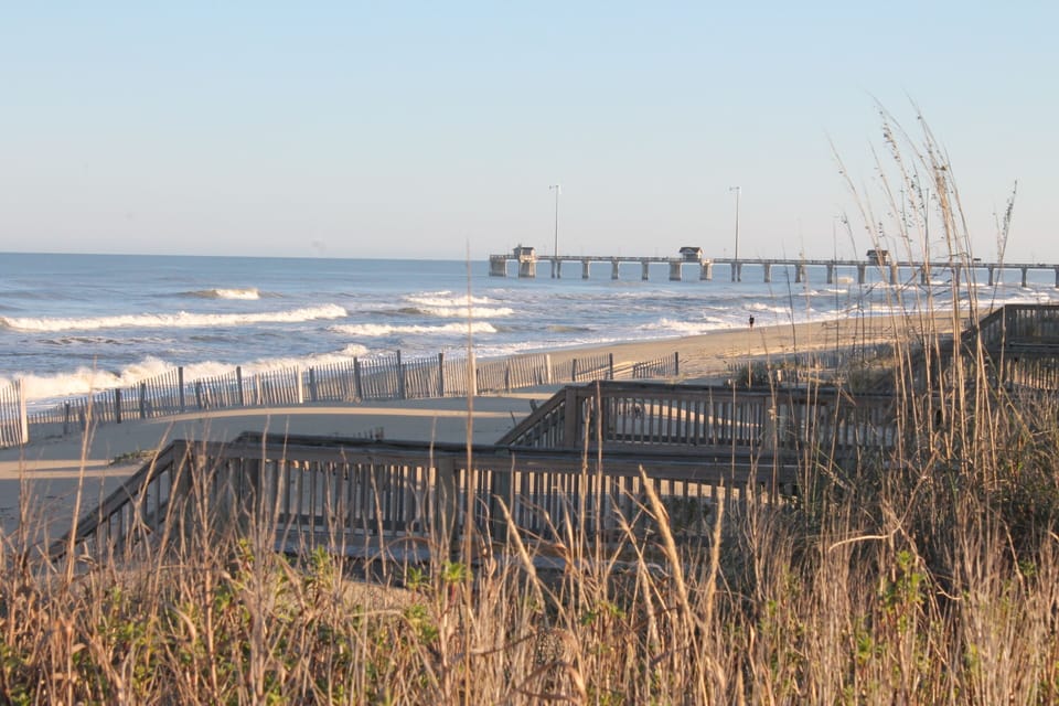 View of Jennette's Pier from top of dune at beach access.