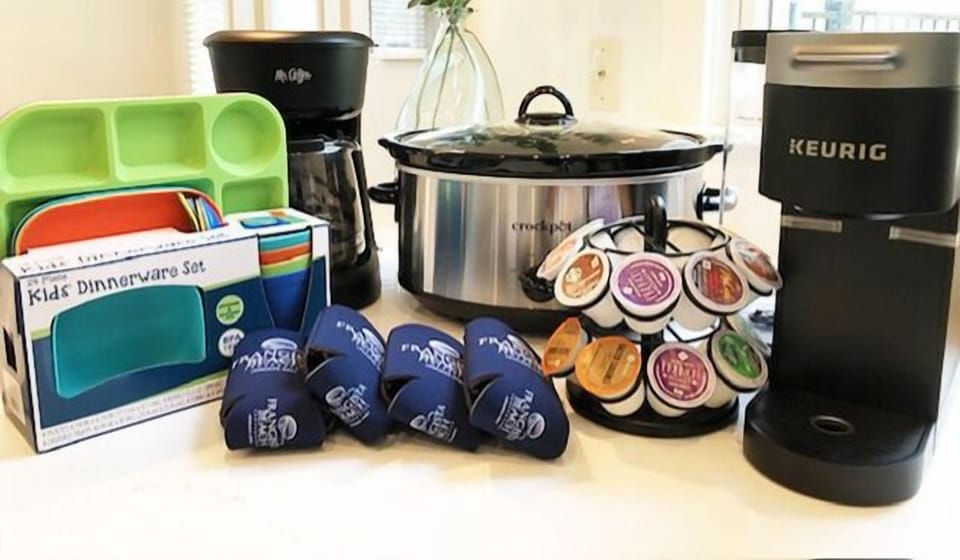 VACAY ESSENTIALS INCLUDE:  Drip & Keurig Coffee Makers with K Cups, Kids Dinnerware Set, Coozies & Crock Pot at SOUTHERN COMFORT!