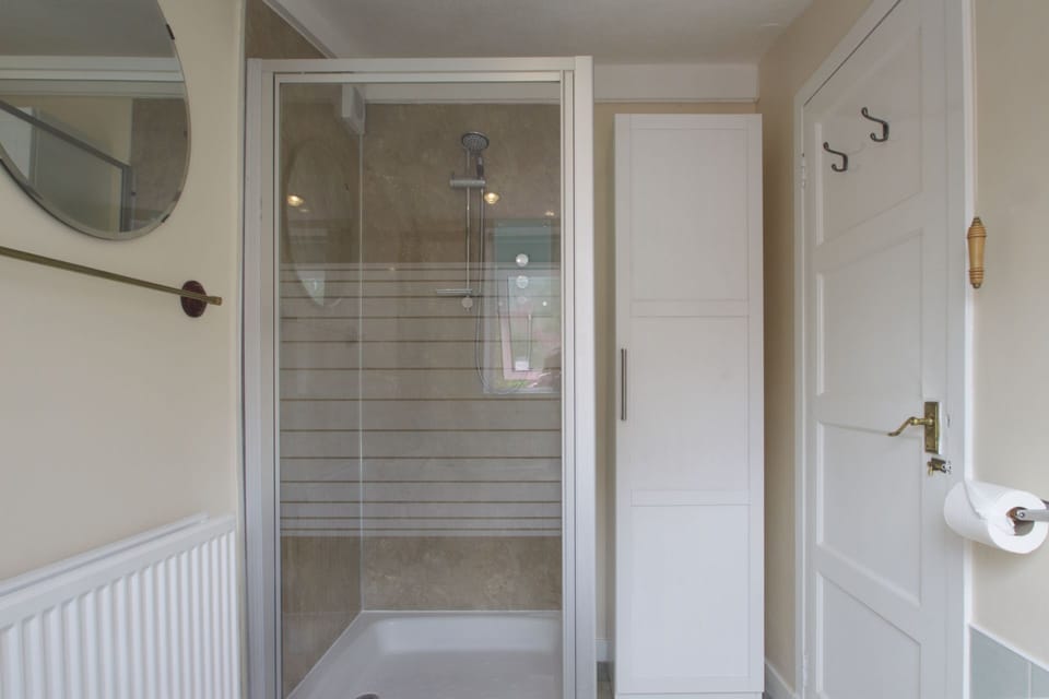 The compact bathroom has an electric shower, WC and handbasin