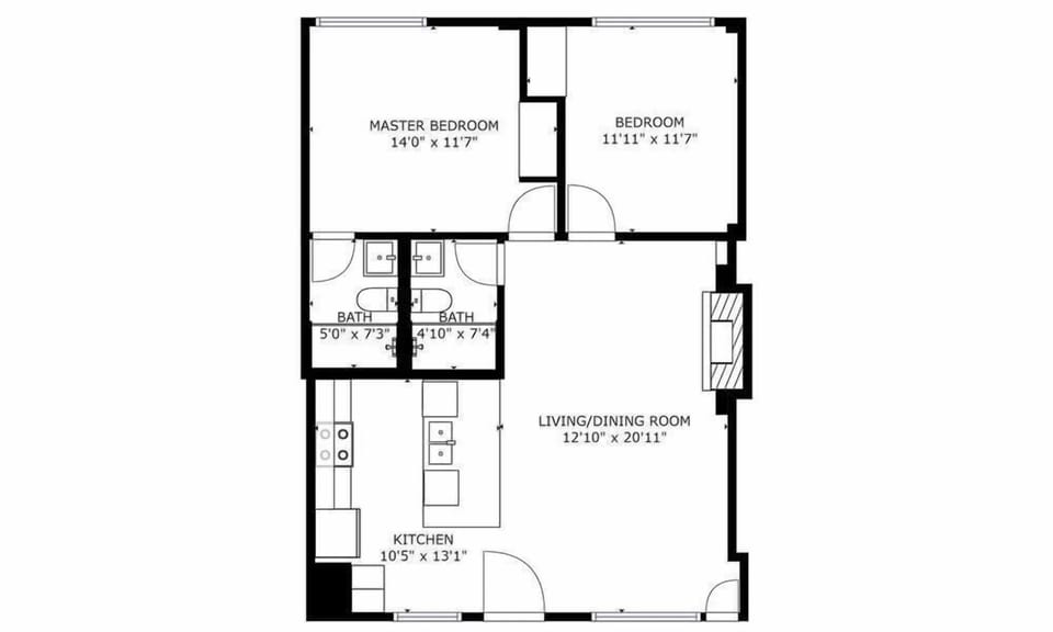 Property floor plan showing the layout with master bedroom, second bedroom, two bathrooms, kitchen, and living/dining area.