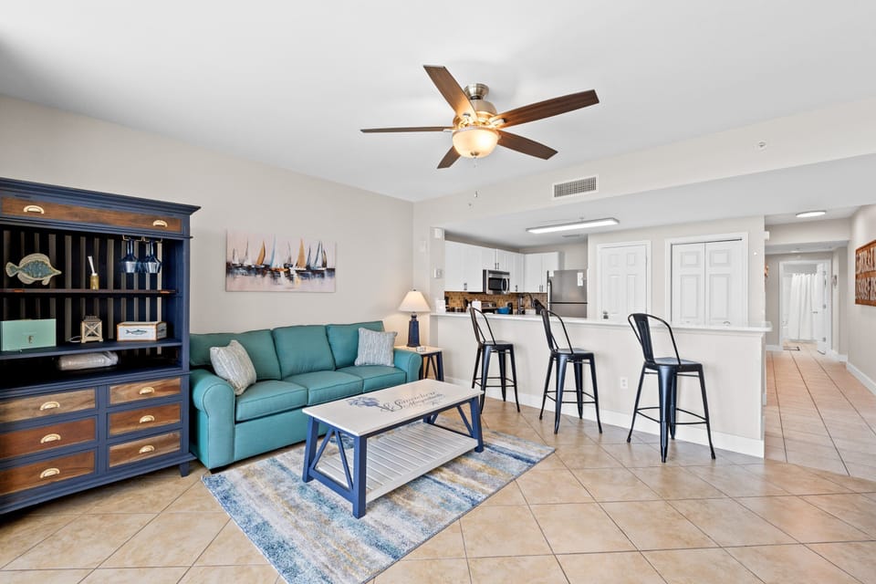 Gulf View Living Area with Sleeper Sofa