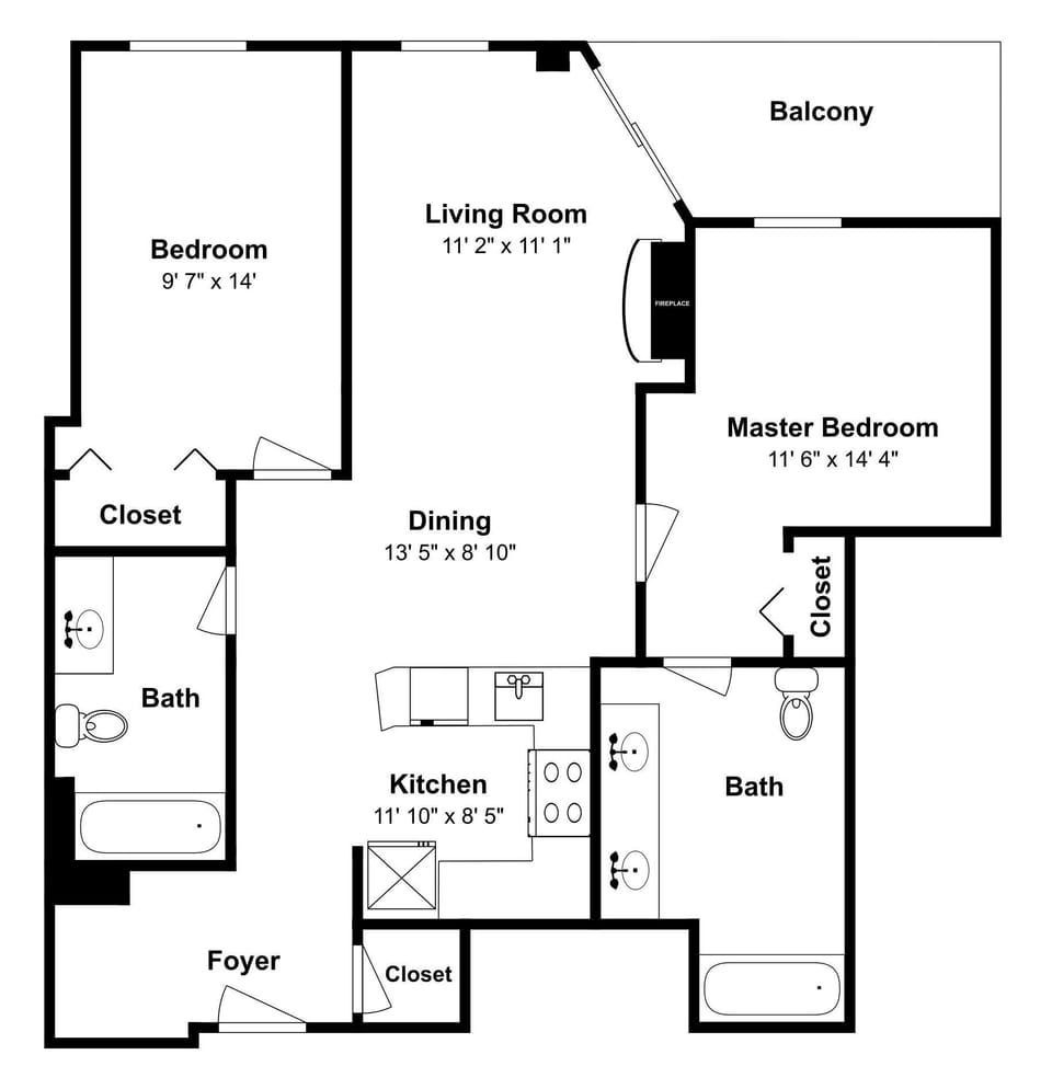 Spacious floor plan shows your two-bedroom retreat with master suite, full kitchen, dining area, and private balcony for mountain getaways.