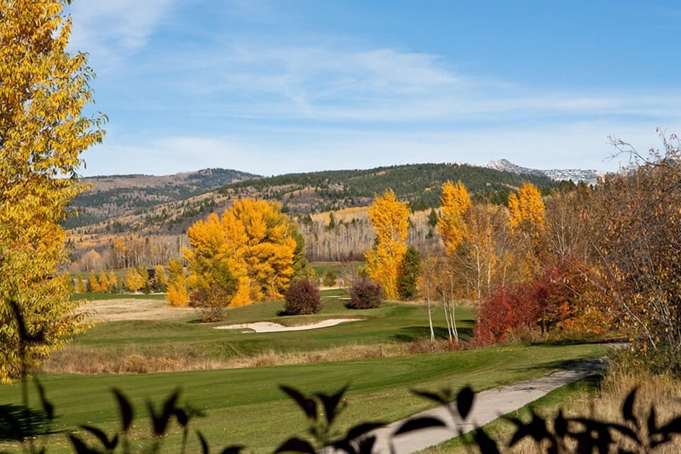 Picture yourself enjoying autumn's golden embrace on this stunning golf course, where vibrant fall foliage creates a breathtaking backdrop for your perfect game under crisp blue skies.