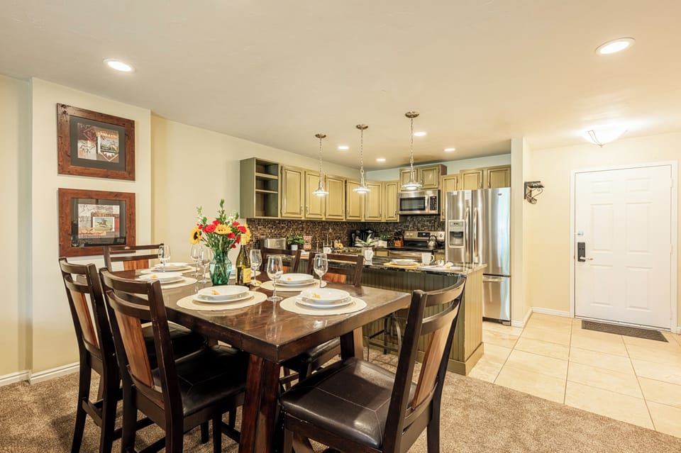 Wooden dining area with seating for up to 7