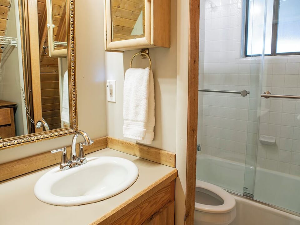 Loft Bathroom - Loft Bathroom with full shower, sink, mirror, and toilet.