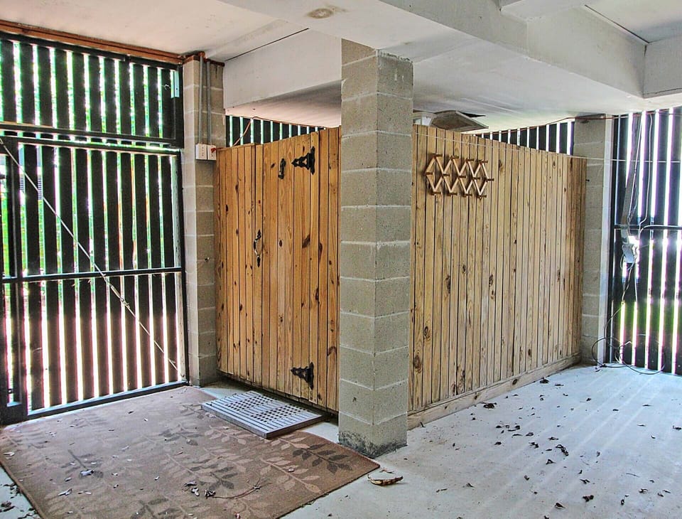 back of garage outdoor shower