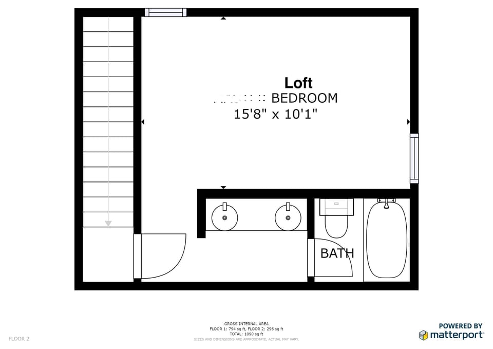 Floor plan of a loft layout with indicated dimensions. Features include a bedroom area, twin sinks, a bathroom with a bathtub, and a staircase leading to/from the loft space.
