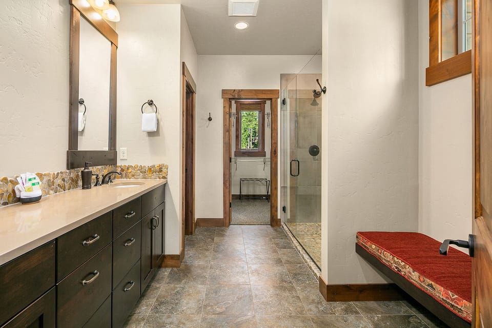 Three Pines Lodge at Tipple Hill - Spacious master bath with dual sinks and a huge tile shower.