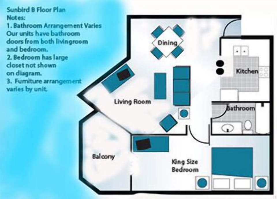 Example Floorplan.  Please see our photos and descriptions for actual furniture placement.