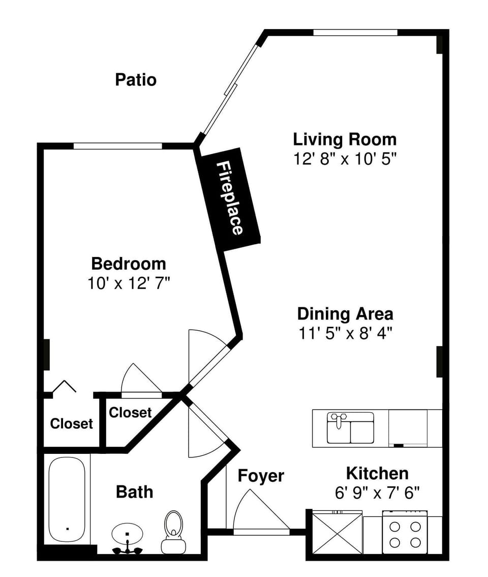 This thoughtfully designed floor plan shows your comfortable one-bedroom layout with an open living concept and private patio for relaxing.